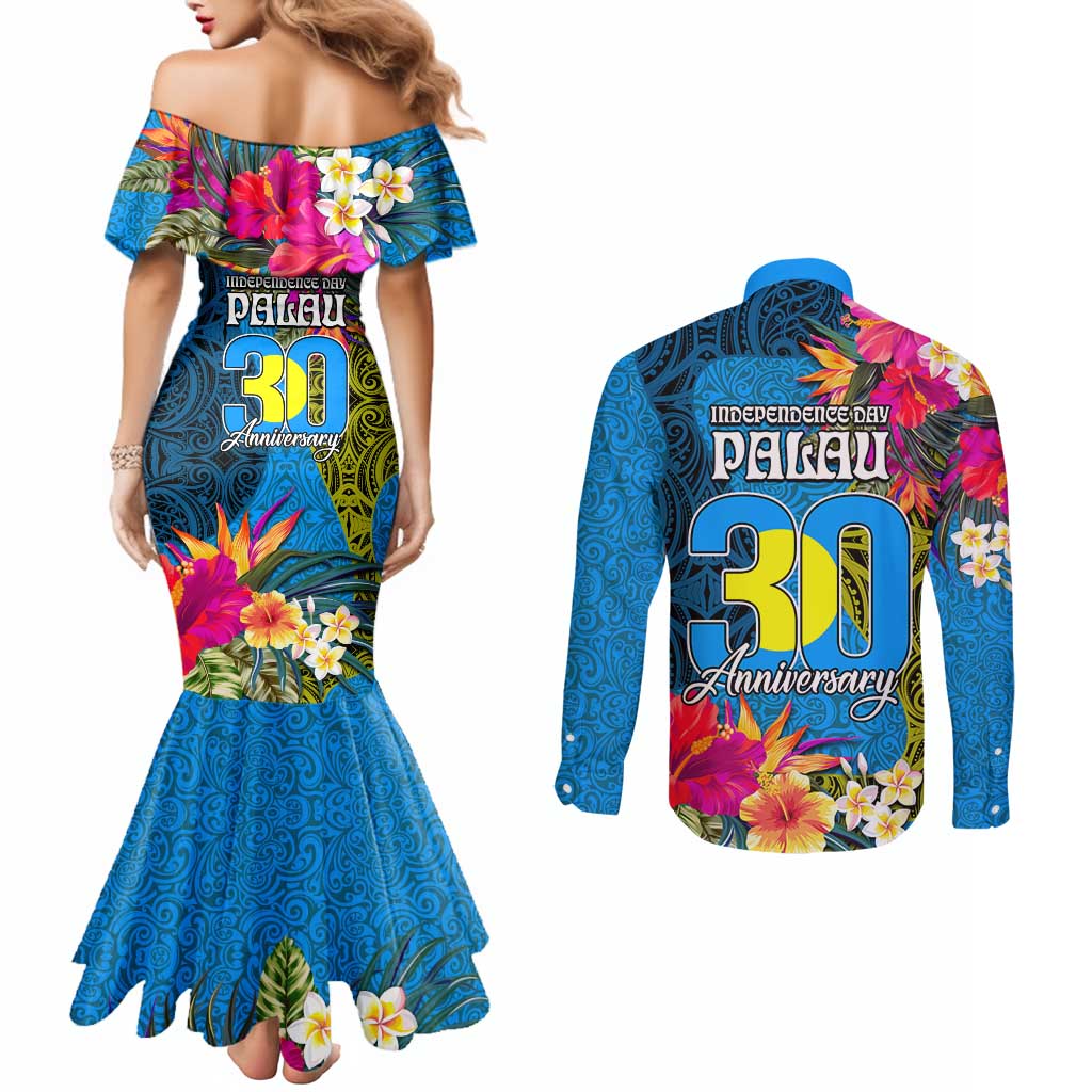 Palau Independence Day Couples Matching Mermaid Dress and Long Sleeve Button Shirt 1st October 30th Anniversary Polynesian Jungle Flower