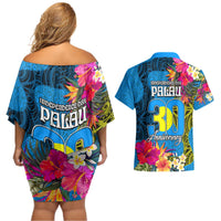 Palau Independence Day Couples Matching Off Shoulder Short Dress and Hawaiian Shirt 1st October 30th Anniversary Polynesian Jungle Flower