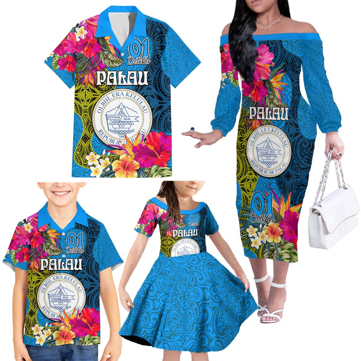 Palau Independence Day Family Matching Off The Shoulder Long Sleeve Dress and Hawaiian Shirt 1st October 30th Anniversary Polynesian Jungle Flower LT03 - Polynesian Pride