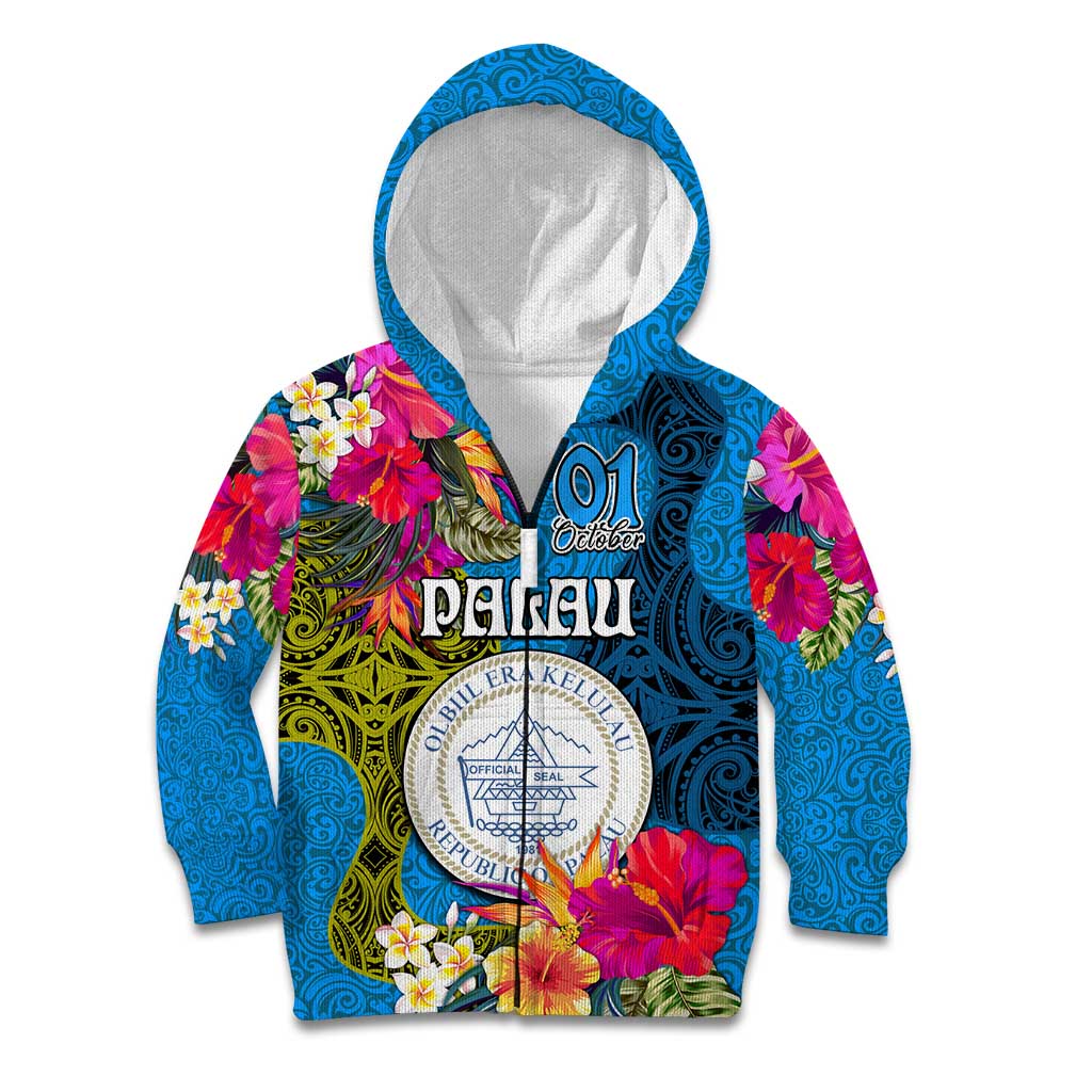Palau Independence Day Kid Hoodie 1st October 30th Anniversary Polynesian Jungle Flower