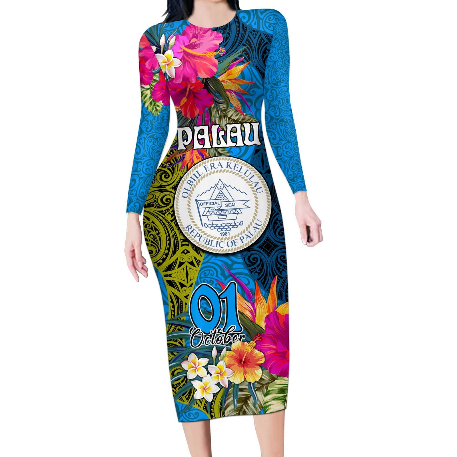 Palau Independence Day Long Sleeve Bodycon Dress 1st October 30th Anniversary Polynesian Jungle Flower LT03 Long Dress Blue - Polynesian Pride