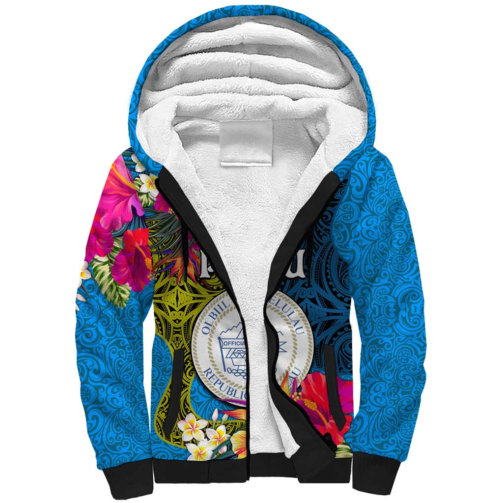 Palau Independence Day Sherpa Hoodie 1st October 30th Anniversary Polynesian Jungle Flower LT03 Unisex Blue - Polynesian Pride