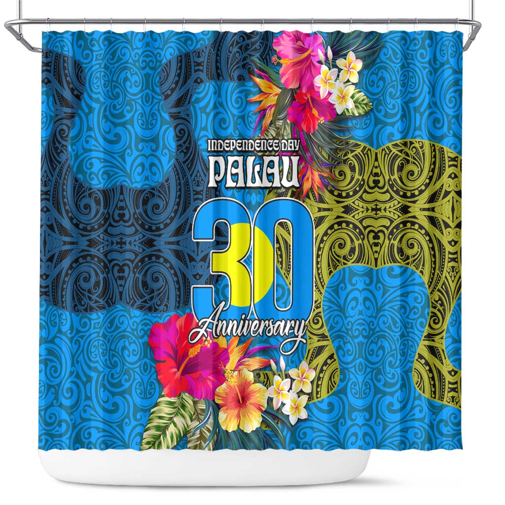 Palau Independence Day Shower Curtain 1st October 30th Anniversary Polynesian Jungle Flower LT03 Blue - Polynesian Pride