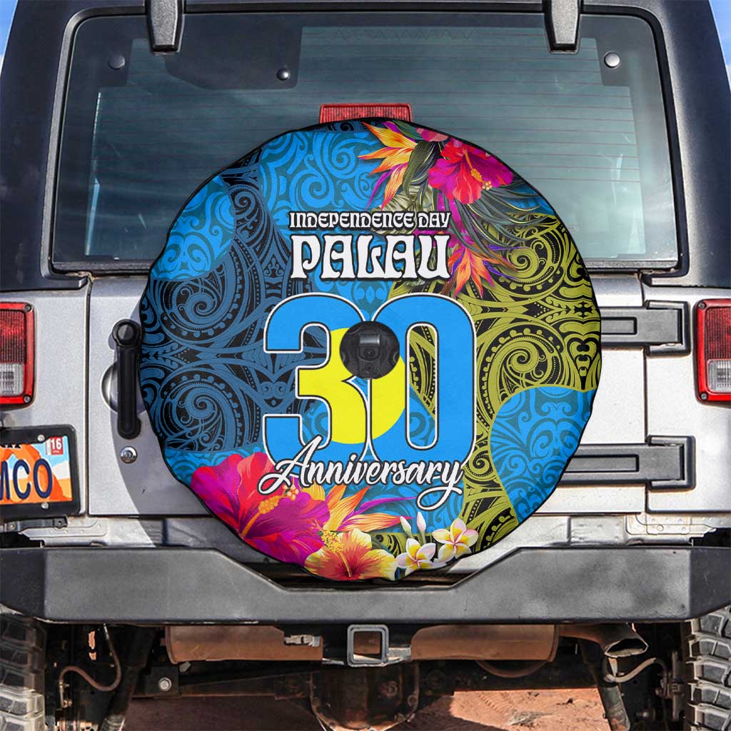 Palau Independence Day Spare Tire Cover 1st October 30th Anniversary Polynesian Jungle Flower LT03 Blue - Polynesian Pride