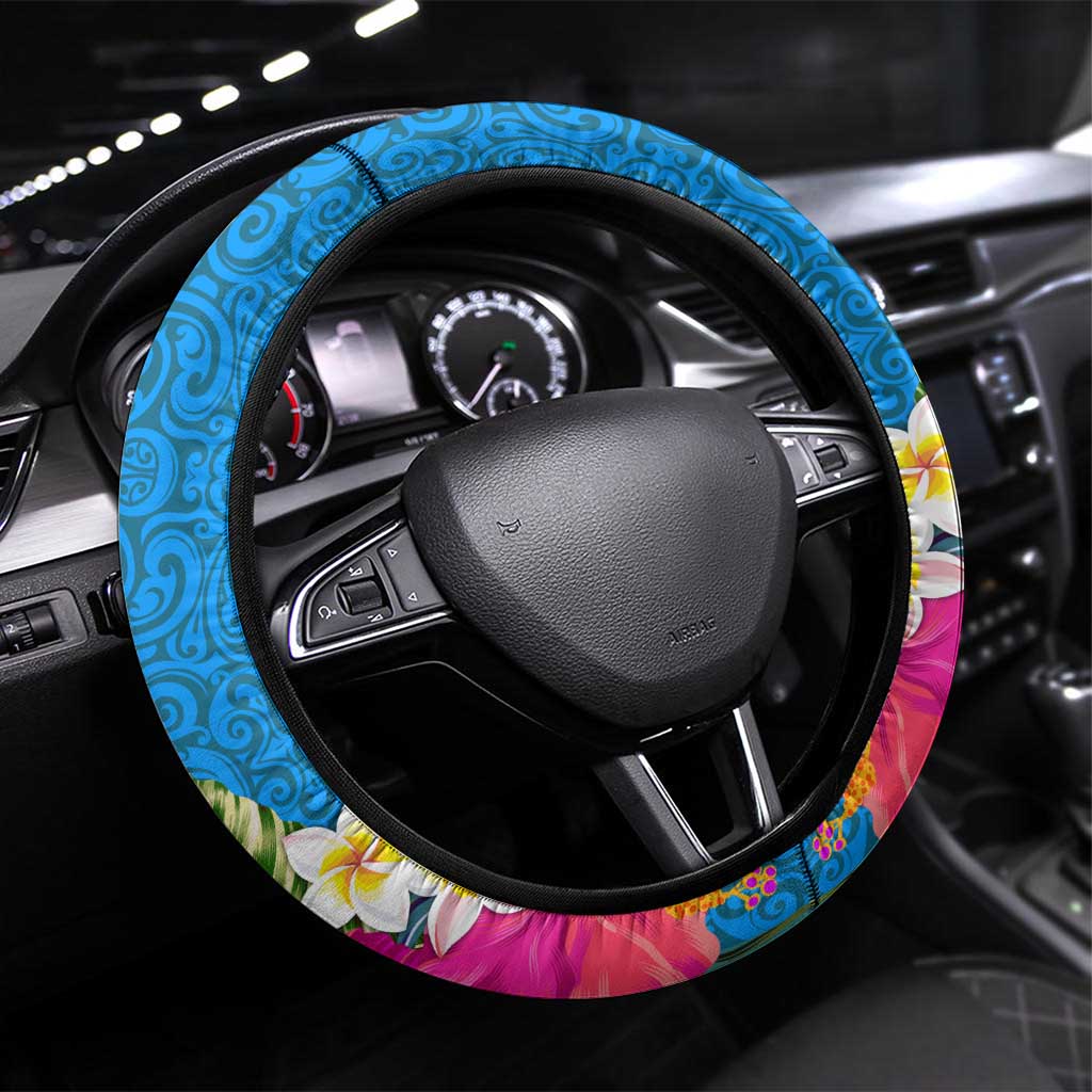 Palau Independence Day Steering Wheel Cover 1st October 30th Anniversary Polynesian Jungle Flower LT03 Universal Fit Blue - Polynesian Pride
