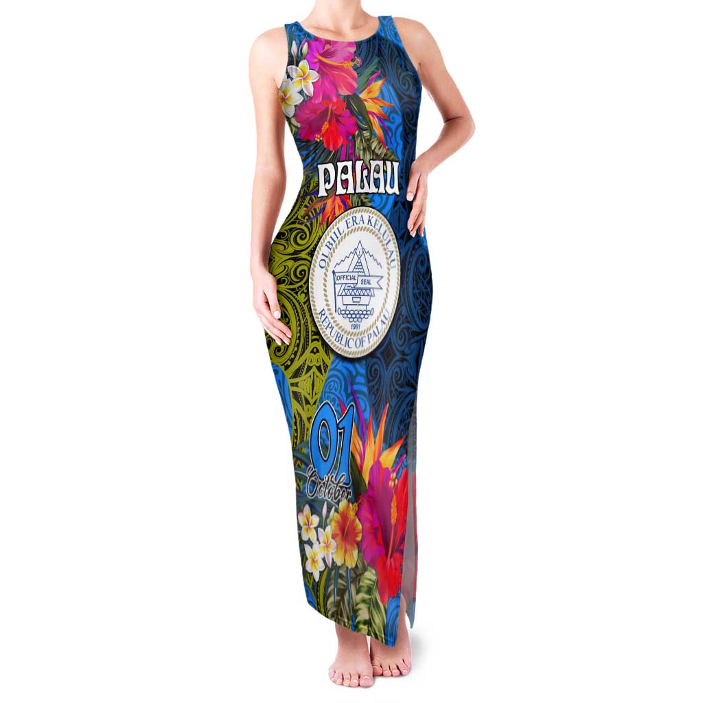 Palau Independence Day Tank Maxi Dress 1st October 30th Anniversary Polynesian Jungle Flower LT03 Women Blue - Polynesian Pride