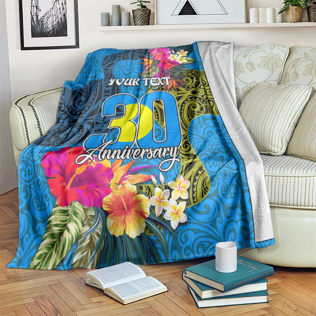 Personalised Palau Independence Day Blanket 1st October 30th Anniversary Polynesian Jungle Flower LT03 Blue - Polynesian Pride