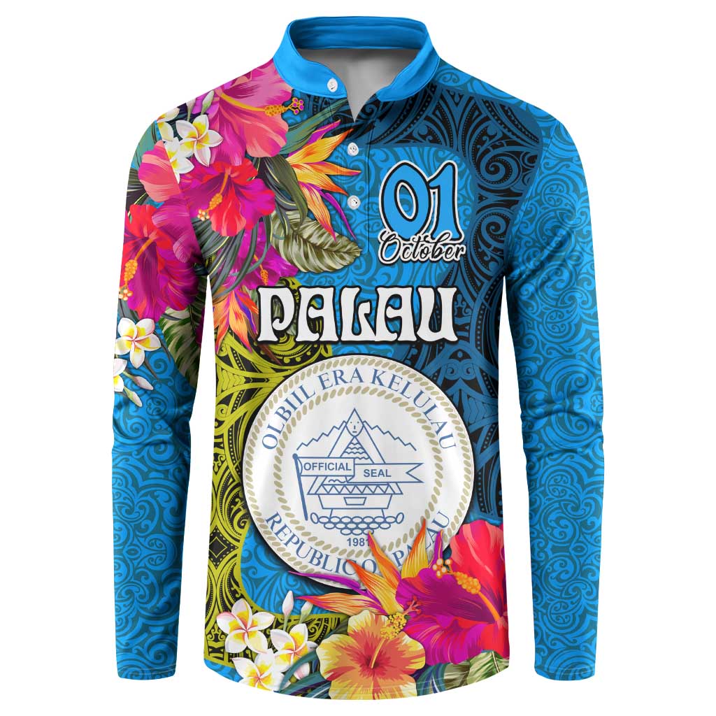 Personalised Palau Independence Day Button Sweatshirt 1st October 30th Anniversary Polynesian Jungle Flower LT03 Blue - Polynesian Pride