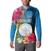 Personalised Palau Independence Day Button Sweatshirt 1st October 30th Anniversary Polynesian Jungle Flower