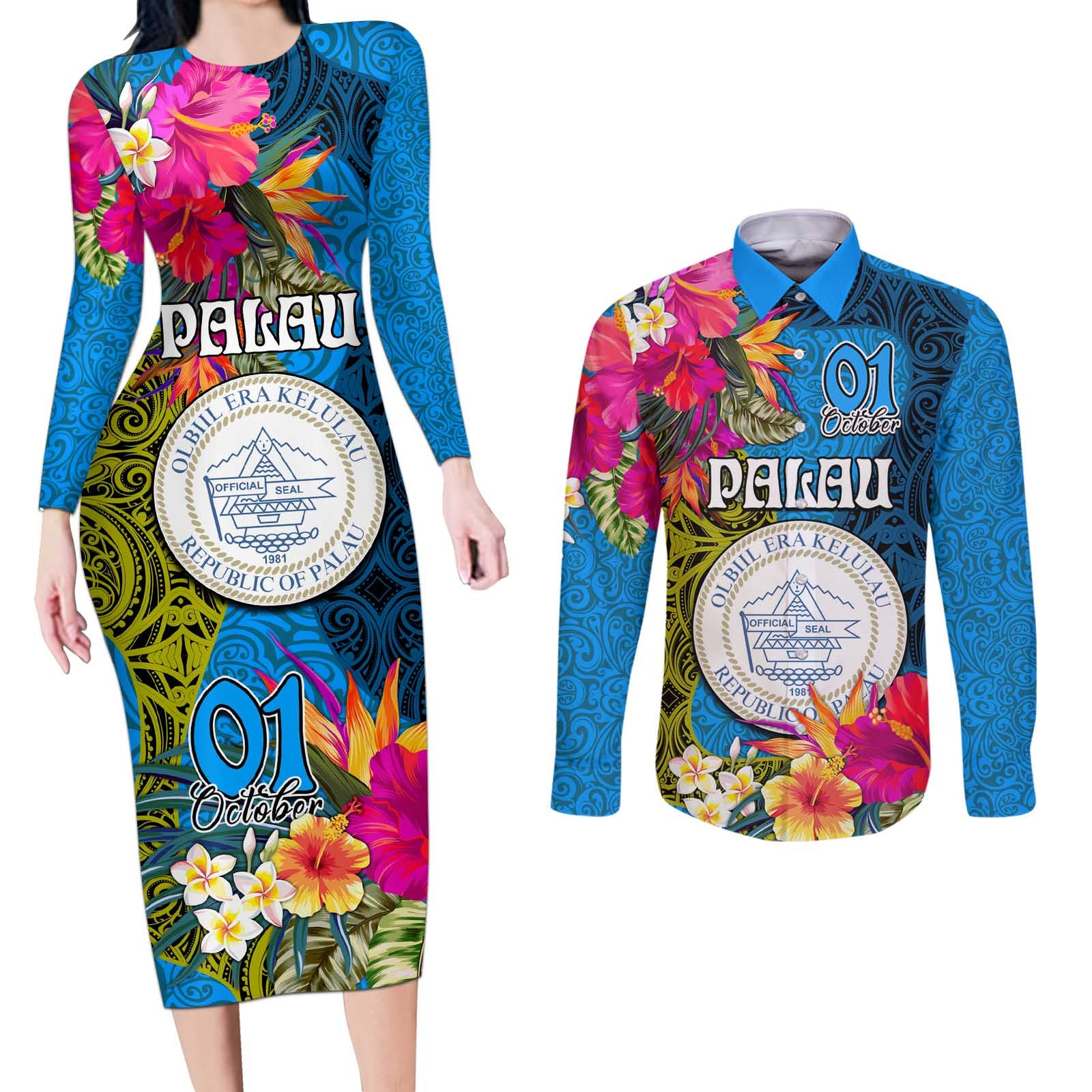 Personalised Palau Independence Day Couples Matching Long Sleeve Bodycon Dress and Long Sleeve Button Shirt 1st October 30th Anniversary Polynesian Jungle Flower LT03 Blue - Polynesian Pride