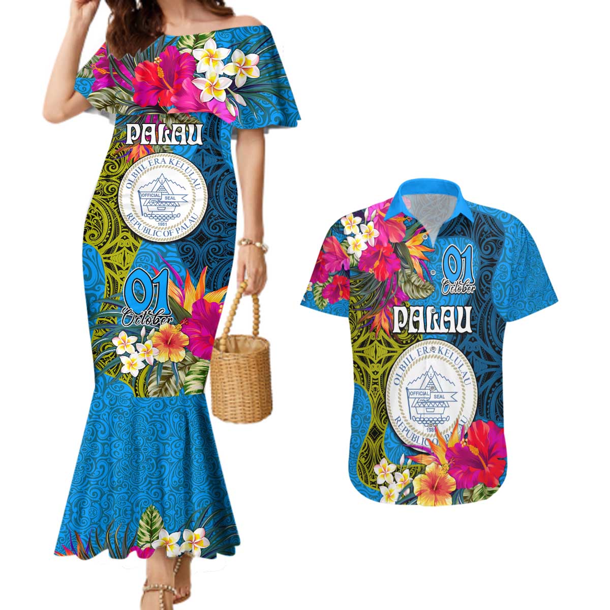 Personalised Palau Independence Day Couples Matching Mermaid Dress and Hawaiian Shirt 1st October 30th Anniversary Polynesian Jungle Flower LT03 Blue - Polynesian Pride