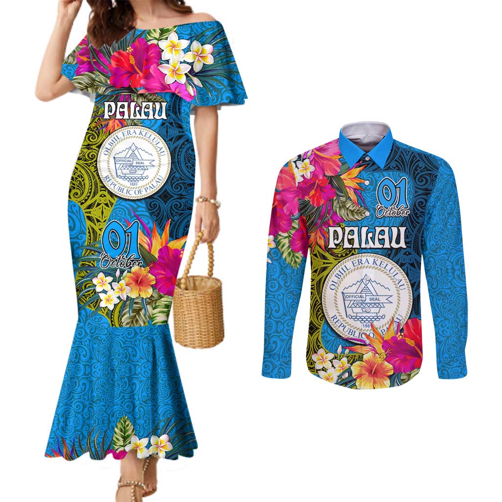 Personalised Palau Independence Day Couples Matching Mermaid Dress and Long Sleeve Button Shirt 1st October 30th Anniversary Polynesian Jungle Flower LT03 Blue - Polynesian Pride