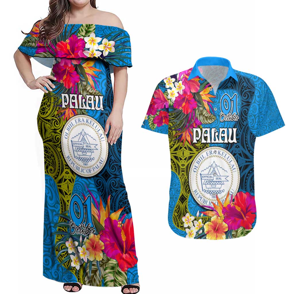 Personalised Palau Independence Day Couples Matching Off Shoulder Maxi Dress and Hawaiian Shirt 1st October 30th Anniversary Polynesian Jungle Flower LT03 Blue - Polynesian Pride