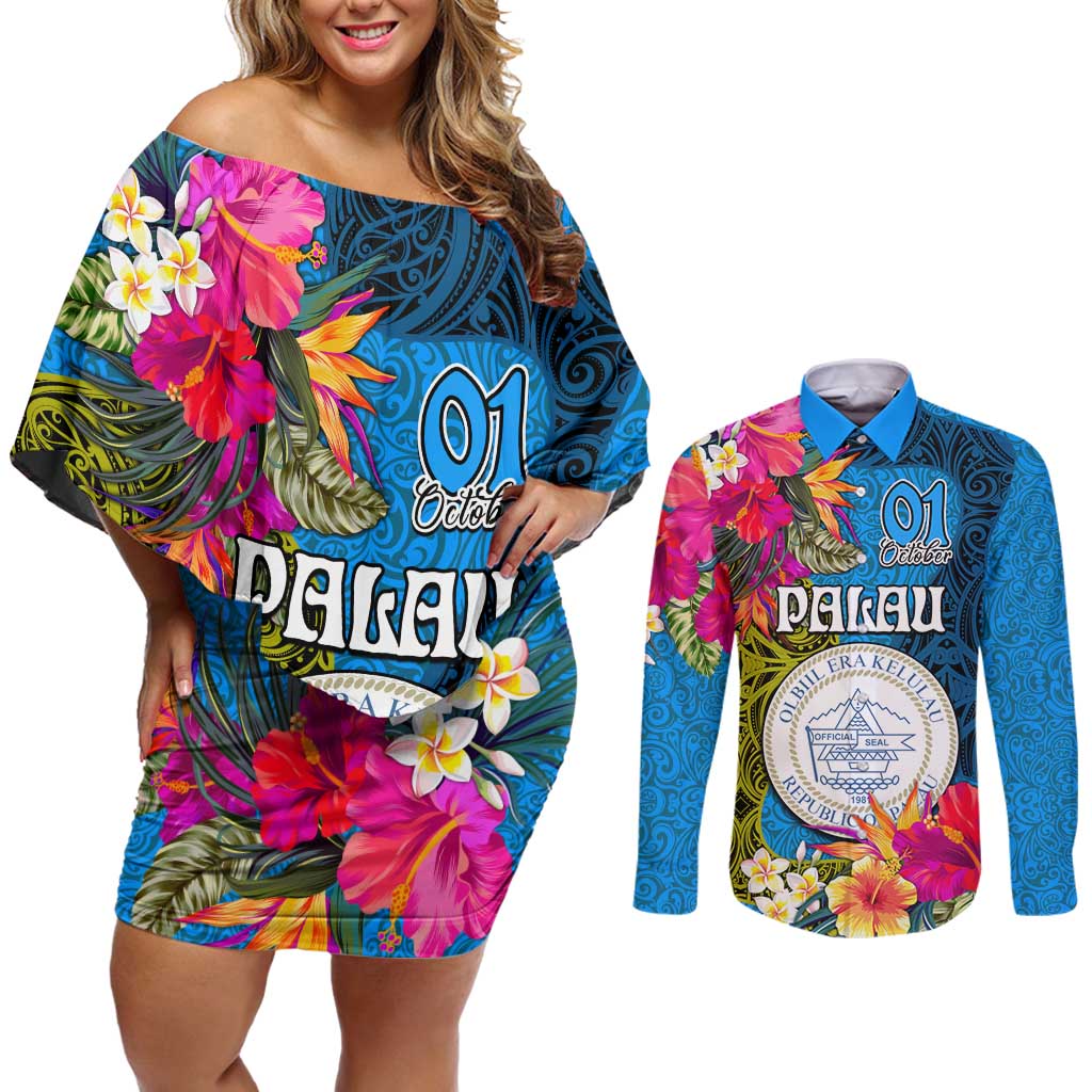 Personalised Palau Independence Day Couples Matching Off Shoulder Short Dress and Long Sleeve Button Shirt 1st October 30th Anniversary Polynesian Jungle Flower LT03 Blue - Polynesian Pride
