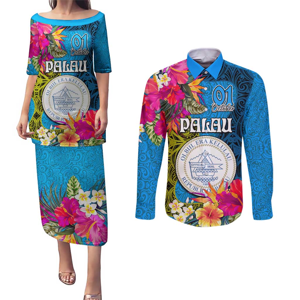 Personalised Palau Independence Day Couples Matching Puletasi and Long Sleeve Button Shirt 1st October 30th Anniversary Polynesian Jungle Flower LT03 Blue - Polynesian Pride