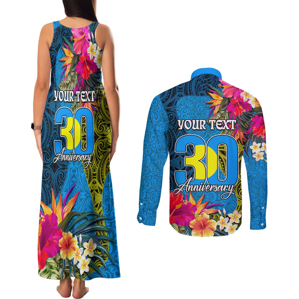 Personalised Palau Independence Day Couples Matching Tank Maxi Dress and Long Sleeve Button Shirt 1st October 30th Anniversary Polynesian Jungle Flower