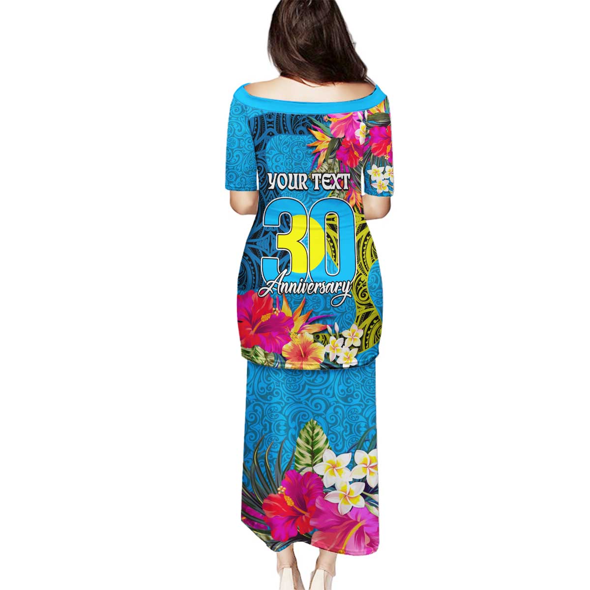 Personalised Palau Independence Day Family Matching Puletasi and Hawaiian Shirt 1st October 30th Anniversary Polynesian Jungle Flower