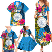 Personalised Palau Independence Day Family Matching Summer Maxi Dress and Hawaiian Shirt 1st October 30th Anniversary Polynesian Jungle Flower