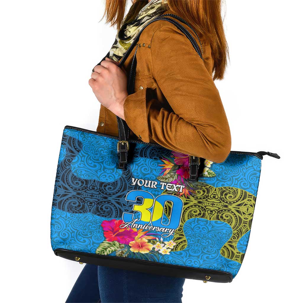 Personalised Palau Independence Day Leather Tote Bag 1st October 30th Anniversary Polynesian Jungle Flower LT03 Blue - Polynesian Pride
