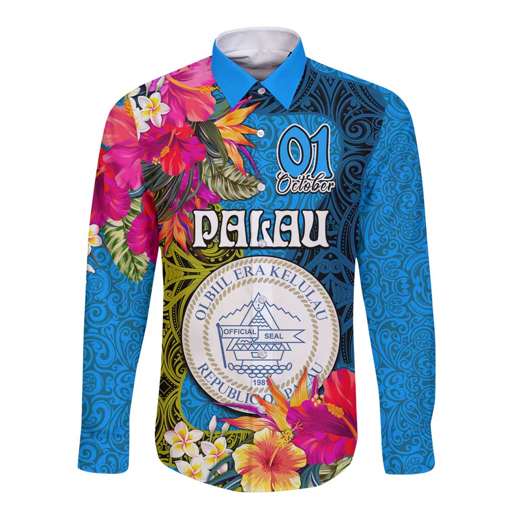 Personalised Palau Independence Day Long Sleeve Button Shirt 1st October 30th Anniversary Polynesian Jungle Flower LT03 Unisex Blue - Polynesian Pride