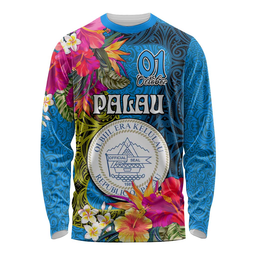 Personalised Palau Independence Day Long Sleeve Shirt 1st October 30th Anniversary Polynesian Jungle Flower LT03 Unisex Blue - Polynesian Pride