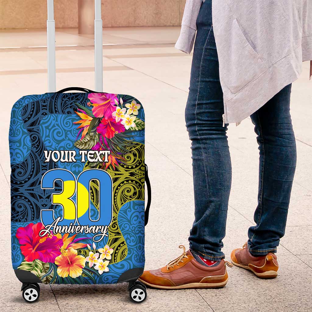 Personalised Palau Independence Day Luggage Cover 1st October 30th Anniversary Polynesian Jungle Flower LT03 Blue - Polynesian Pride