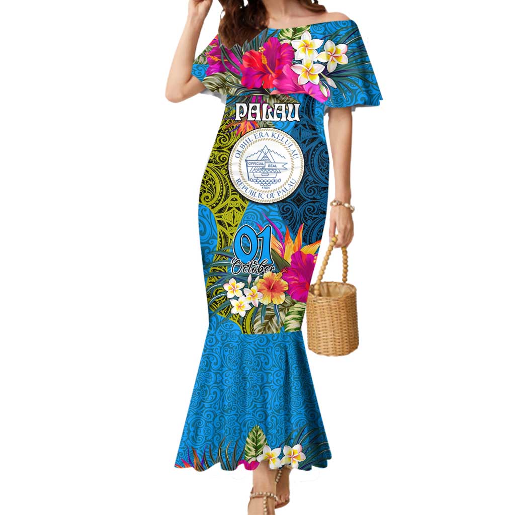 Personalised Palau Independence Day Mermaid Dress 1st October 30th Anniversary Polynesian Jungle Flower LT03 Women Blue - Polynesian Pride