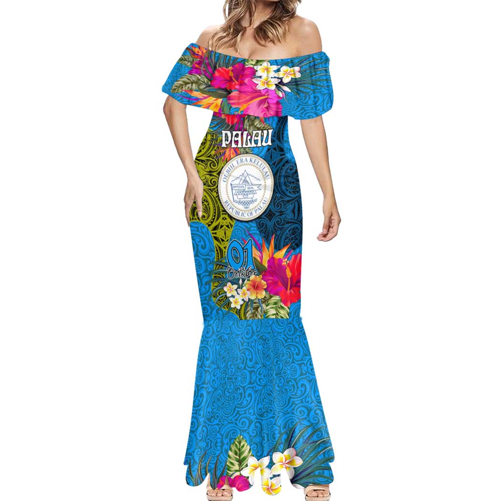 Personalised Palau Independence Day Mermaid Dress 1st October 30th Anniversary Polynesian Jungle Flower