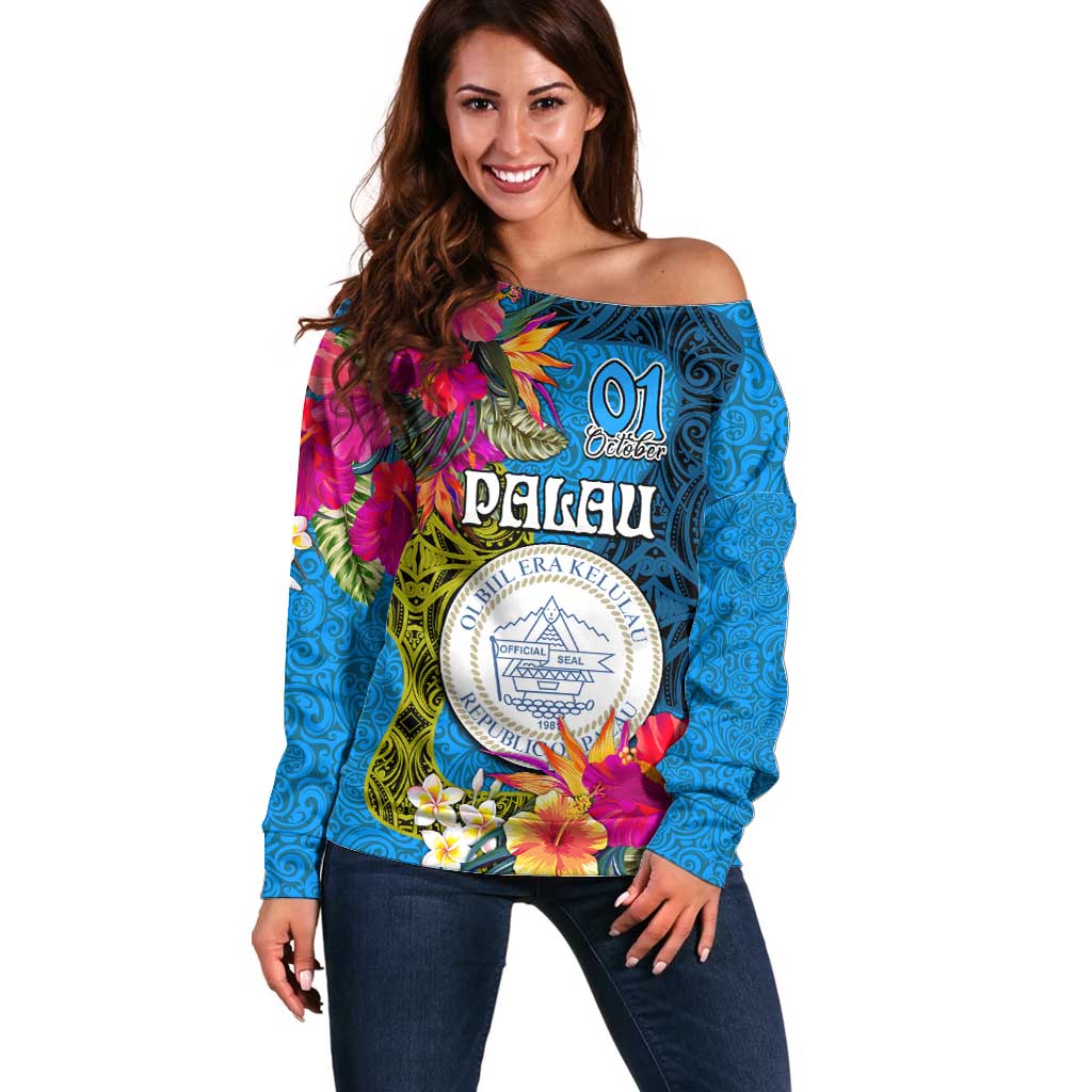 Personalised Palau Independence Day Off Shoulder Sweater 1st October 30th Anniversary Polynesian Jungle Flower LT03 Women Blue - Polynesian Pride