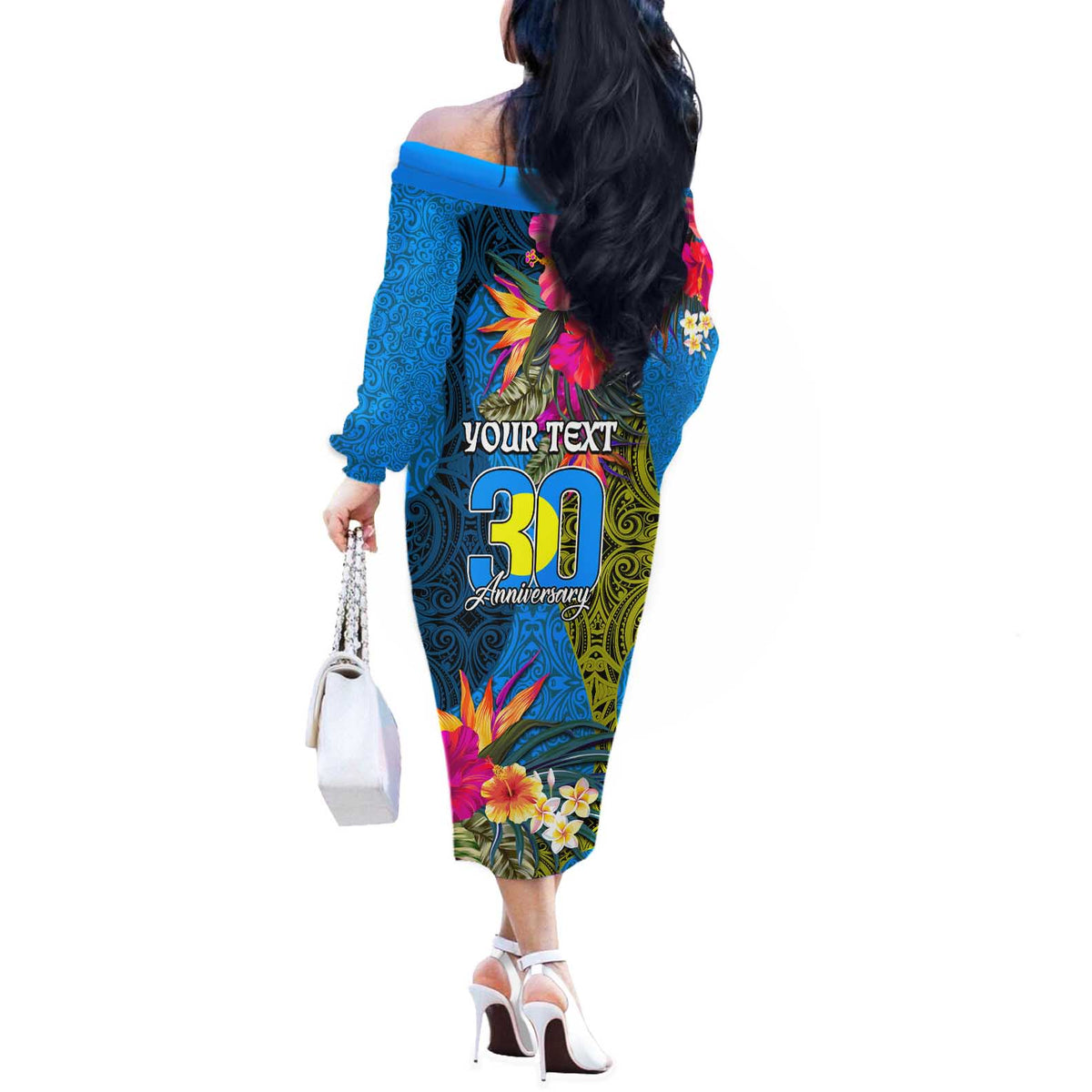 Personalised Palau Independence Day Off The Shoulder Long Sleeve Dress 1st October 30th Anniversary Polynesian Jungle Flower