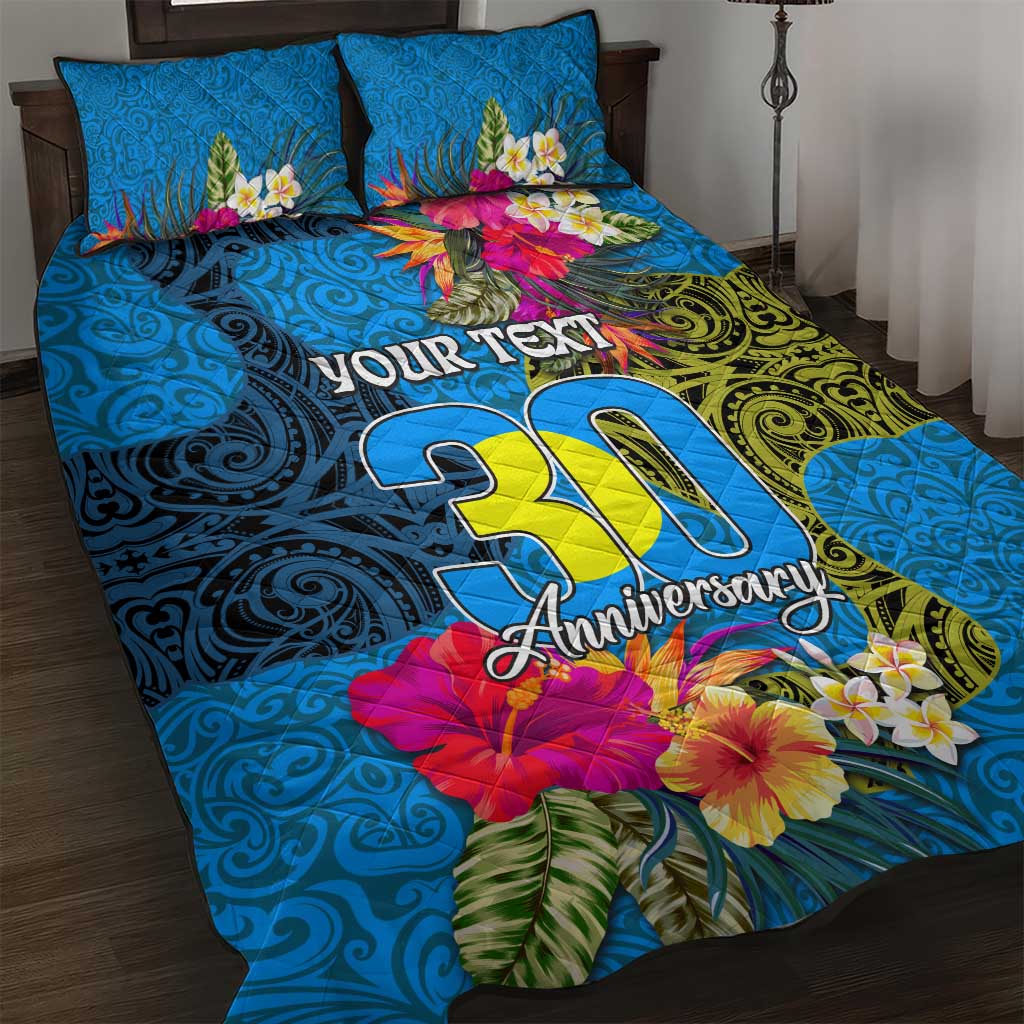 Personalised Palau Independence Day Quilt Bed Set 1st October 30th Anniversary Polynesian Jungle Flower LT03 Blue - Polynesian Pride