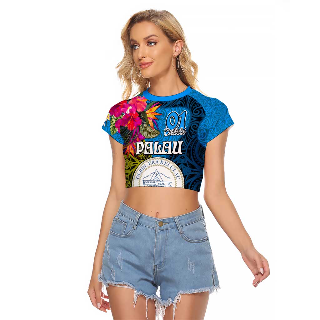 Personalised Palau Independence Day Raglan Cropped T Shirt 1st October 30th Anniversary Polynesian Jungle Flower LT03 Female Blue - Polynesian Pride