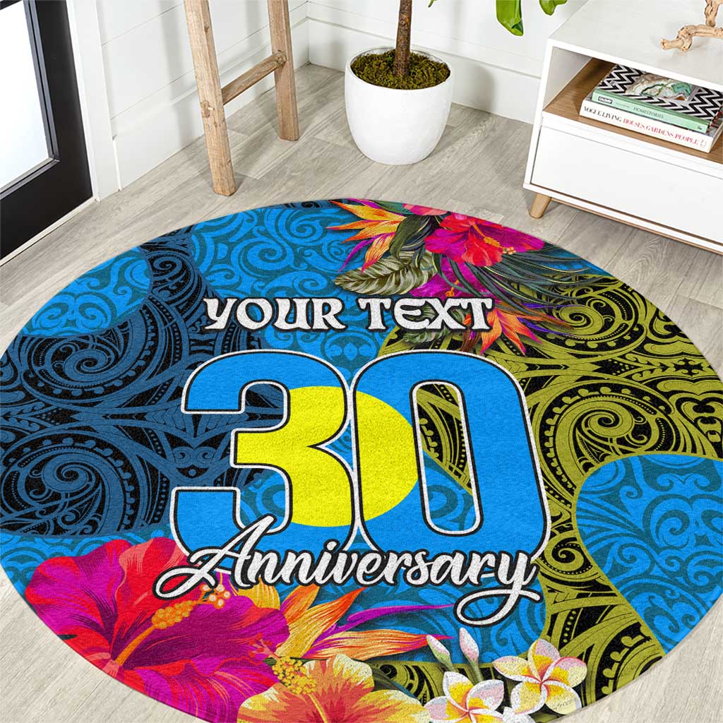 Personalised Palau Independence Day Round Carpet 1st October 30th Anniversary Polynesian Jungle Flower LT03 Blue - Polynesian Pride