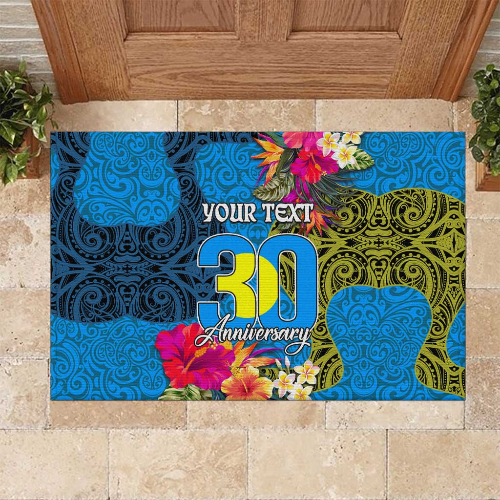 Personalised Palau Independence Day Rubber Doormat 1st October 30th Anniversary Polynesian Jungle Flower LT03 Blue - Polynesian Pride