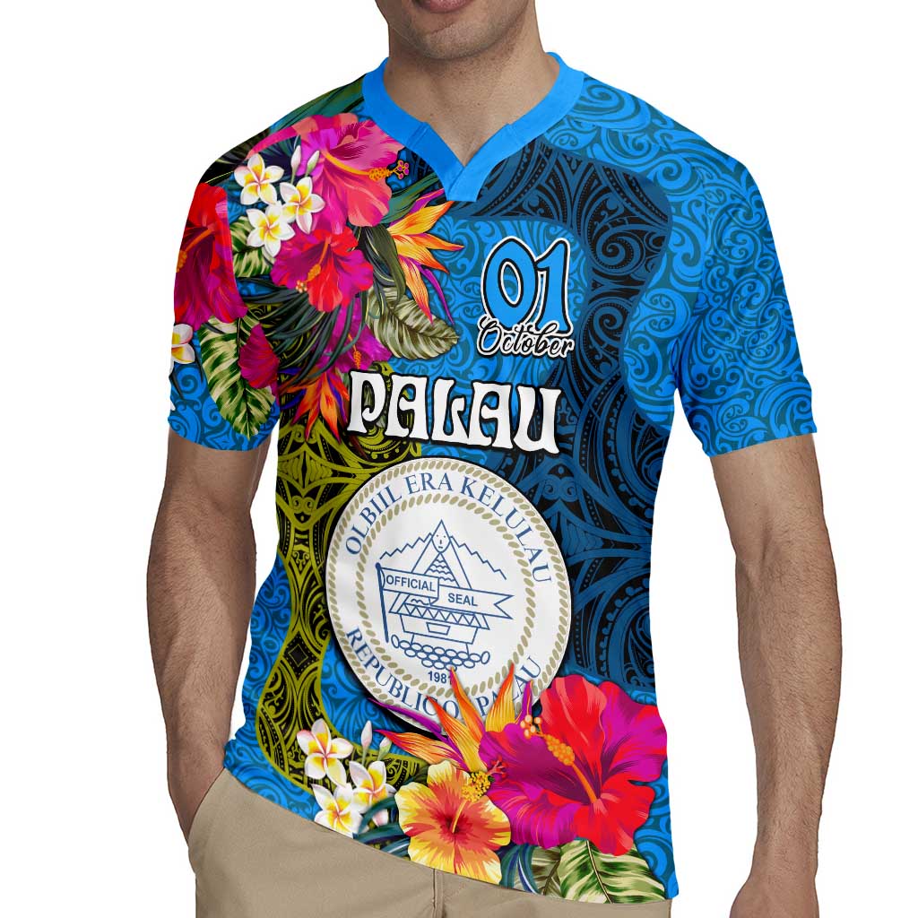 Personalised Palau Independence Day Rugby Jersey 1st October 30th Anniversary Polynesian Jungle Flower