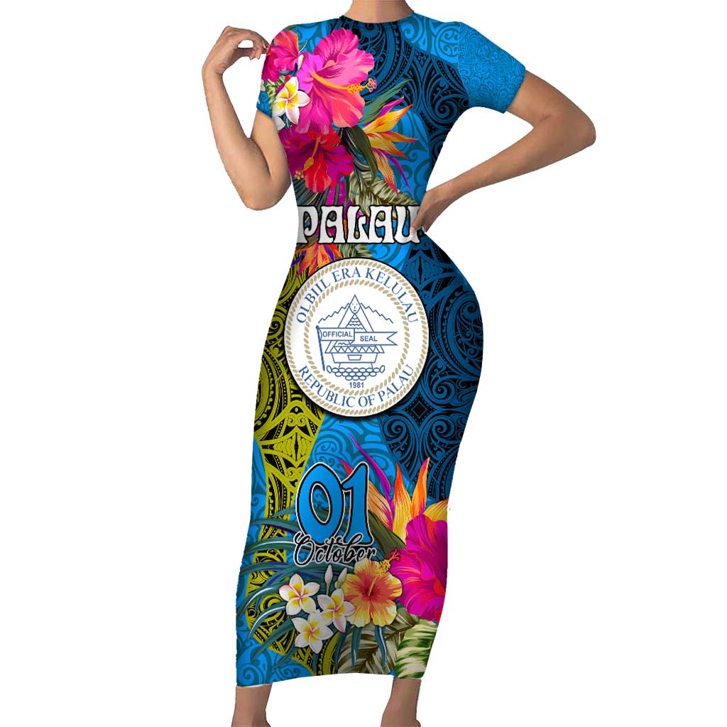 Personalised Palau Independence Day Short Sleeve Bodycon Dress 1st October 30th Anniversary Polynesian Jungle Flower LT03 Long Dress Blue - Polynesian Pride