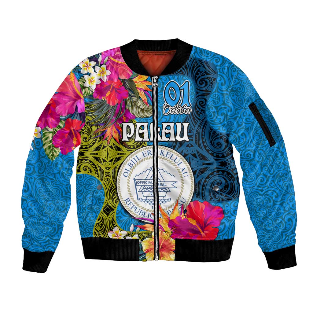 Personalised Palau Independence Day Sleeve Zip Bomber Jacket 1st October 30th Anniversary Polynesian Jungle Flower LT03 Unisex Blue - Polynesian Pride