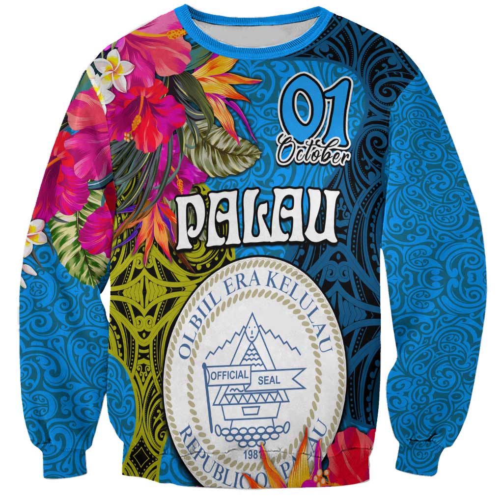 Personalised Palau Independence Day Sweatshirt 1st October 30th Anniversary Polynesian Jungle Flower LT03 Unisex Blue - Polynesian Pride