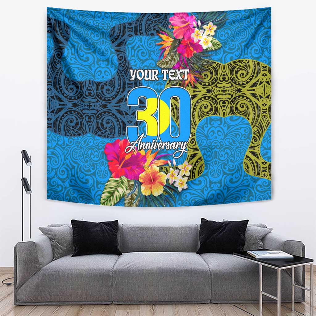 Personalised Palau Independence Day Tapestry 1st October 30th Anniversary Polynesian Jungle Flower LT03 Blue - Polynesian Pride