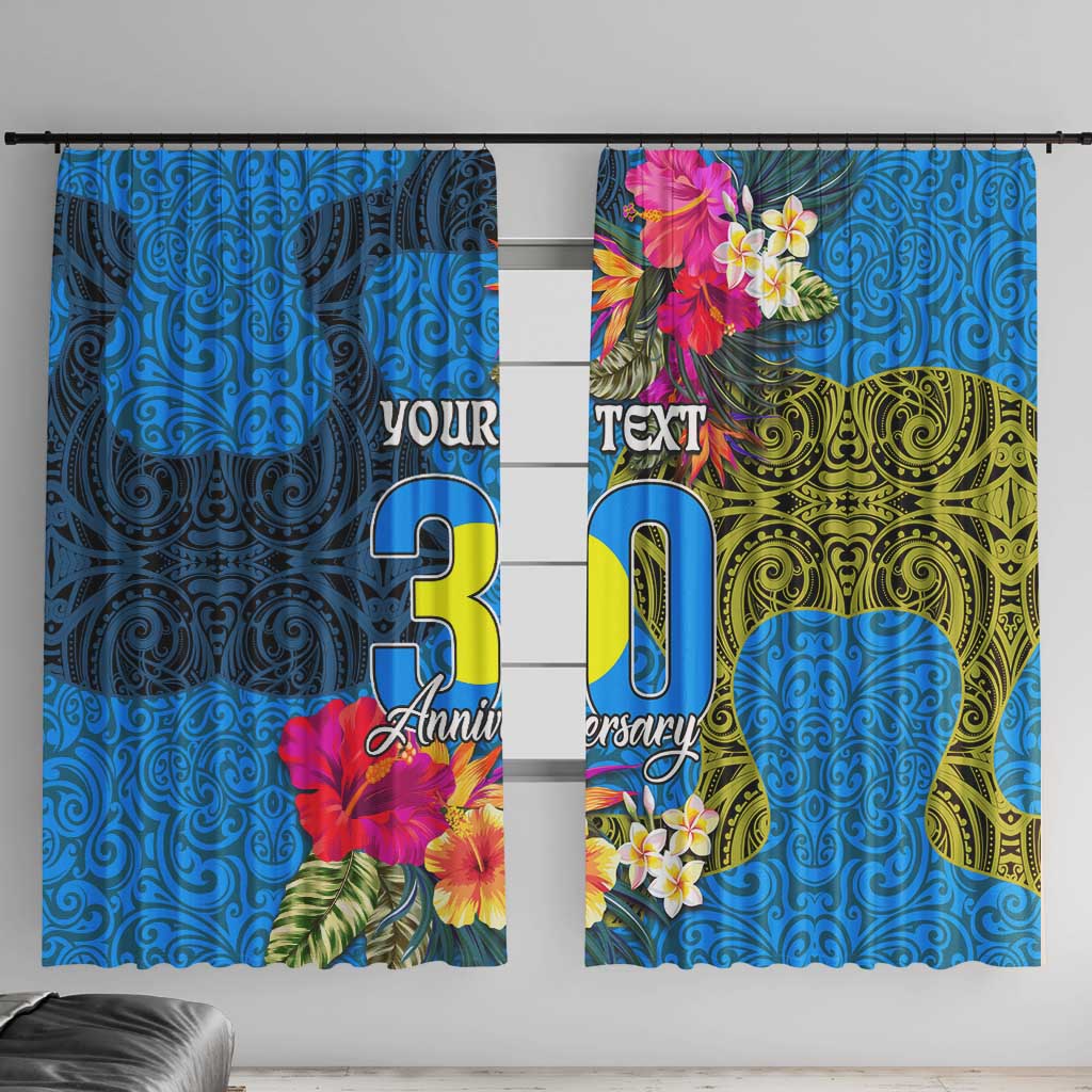 Personalised Palau Independence Day Window Curtain 1st October 30th Anniversary Polynesian Jungle Flower LT03 With Hooks Blue - Polynesian Pride