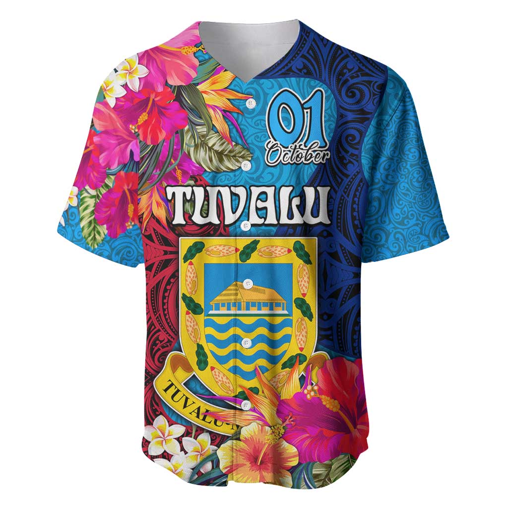 Tuvalu Independence Day Baseball Jersey 1st October 46th Anniversary Polynesian Jungle Flower LT03 Blue - Polynesian Pride