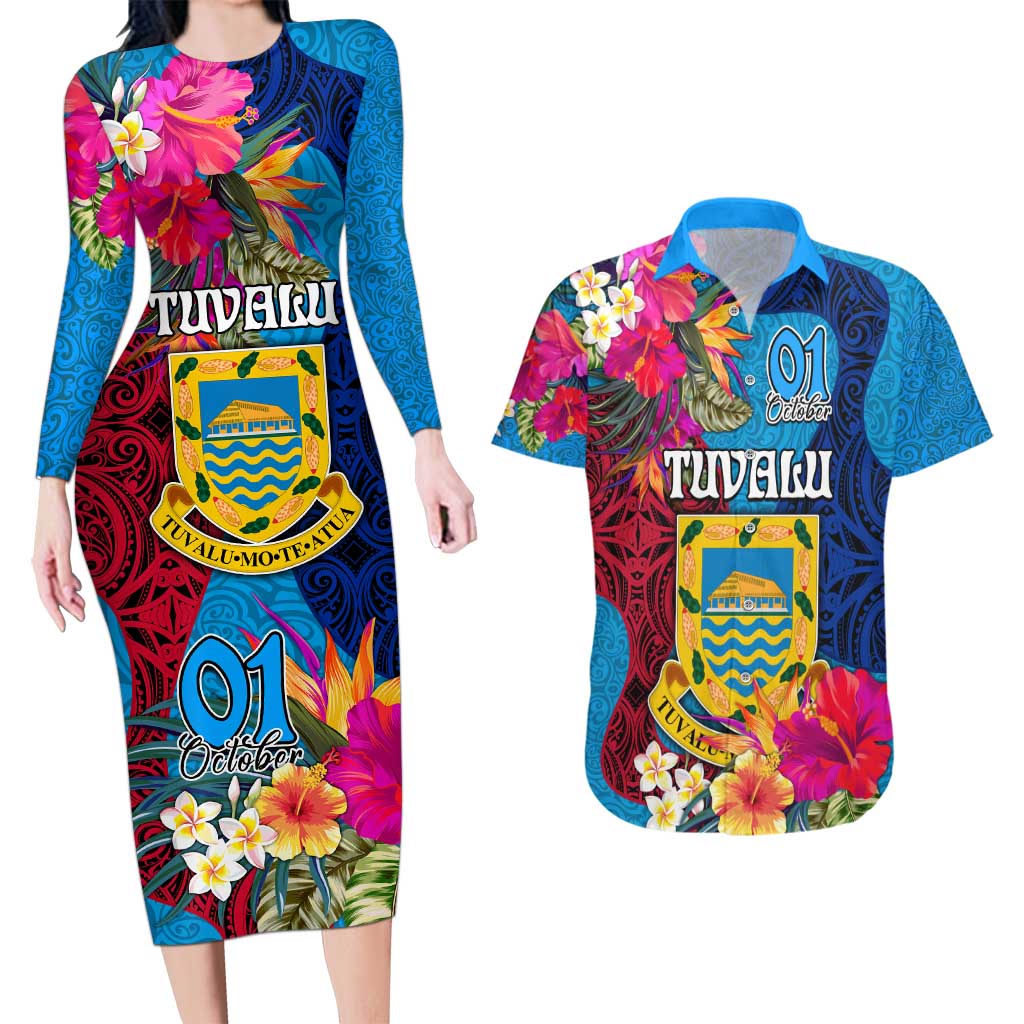 Tuvalu Independence Day Couples Matching Long Sleeve Bodycon Dress and Hawaiian Shirt 1st October 46th Anniversary Polynesian Jungle Flower LT03 Blue - Polynesian Pride