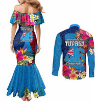 Tuvalu Independence Day Couples Matching Mermaid Dress and Long Sleeve Button Shirt 1st October 46th Anniversary Polynesian Jungle Flower