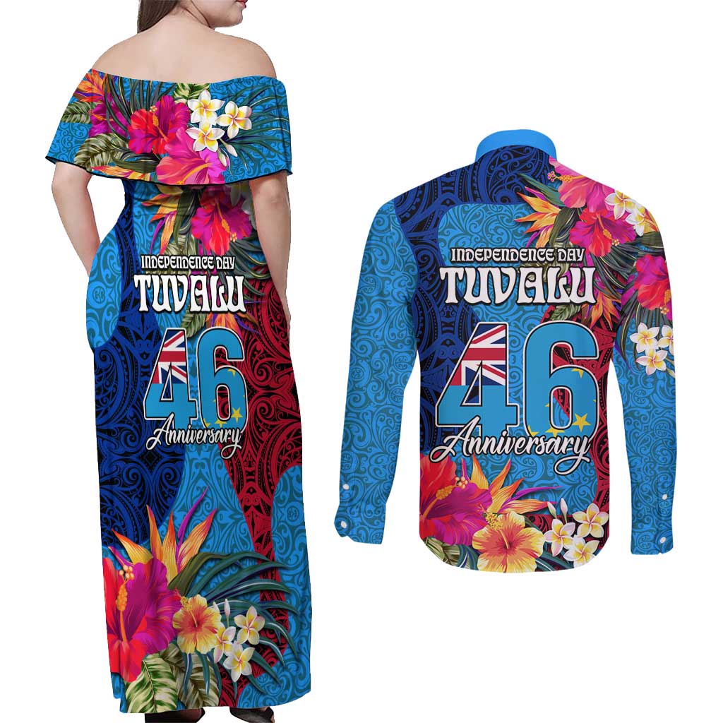 Tuvalu Independence Day Couples Matching Off Shoulder Maxi Dress and Long Sleeve Button Shirt 1st October 46th Anniversary Polynesian Jungle Flower