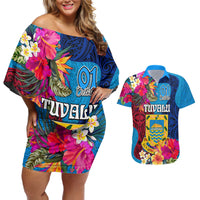 Tuvalu Independence Day Couples Matching Off Shoulder Short Dress and Hawaiian Shirt 1st October 46th Anniversary Polynesian Jungle Flower LT03 Blue - Polynesian Pride