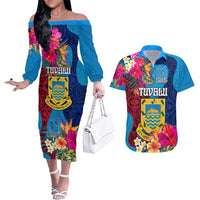 Tuvalu Independence Day Couples Matching Off The Shoulder Long Sleeve Dress and Hawaiian Shirt 1st October 46th Anniversary Polynesian Jungle Flower LT03 Blue - Polynesian Pride