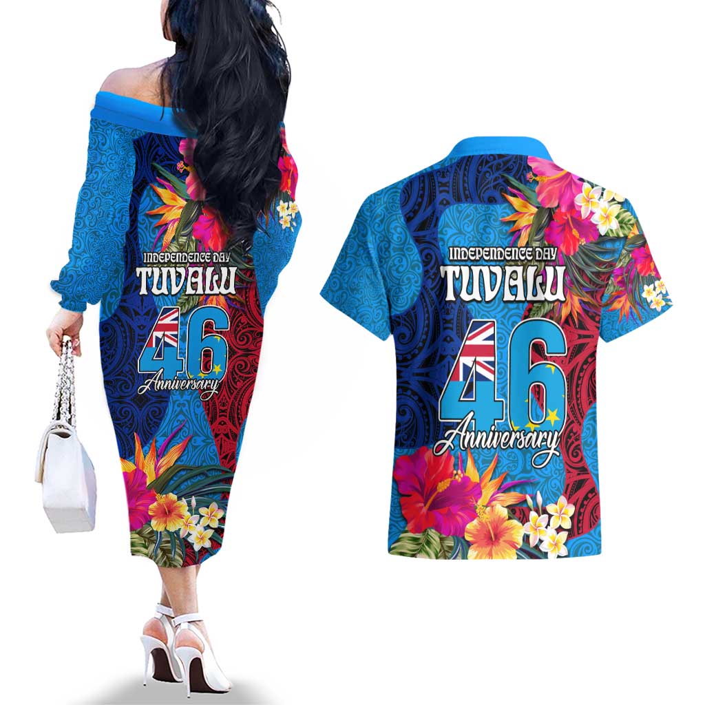 Tuvalu Independence Day Couples Matching Off The Shoulder Long Sleeve Dress and Hawaiian Shirt 1st October 46th Anniversary Polynesian Jungle Flower LT03 - Polynesian Pride