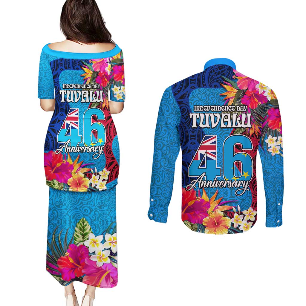 Tuvalu Independence Day Couples Matching Puletasi and Long Sleeve Button Shirt 1st October 46th Anniversary Polynesian Jungle Flower