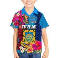 Tuvalu Independence Day Family Matching Off The Shoulder Long Sleeve Dress and Hawaiian Shirt 1st October 46th Anniversary Polynesian Jungle Flower LT03 Son's Shirt Blue - Polynesian Pride