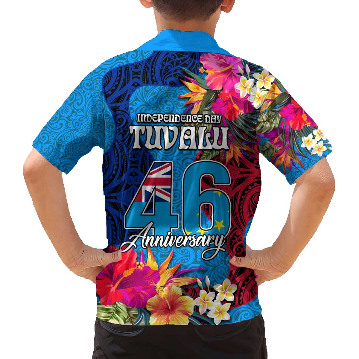 Tuvalu Independence Day Family Matching Off Shoulder Short Dress and Hawaiian Shirt 1st October 46th Anniversary Polynesian Jungle Flower
